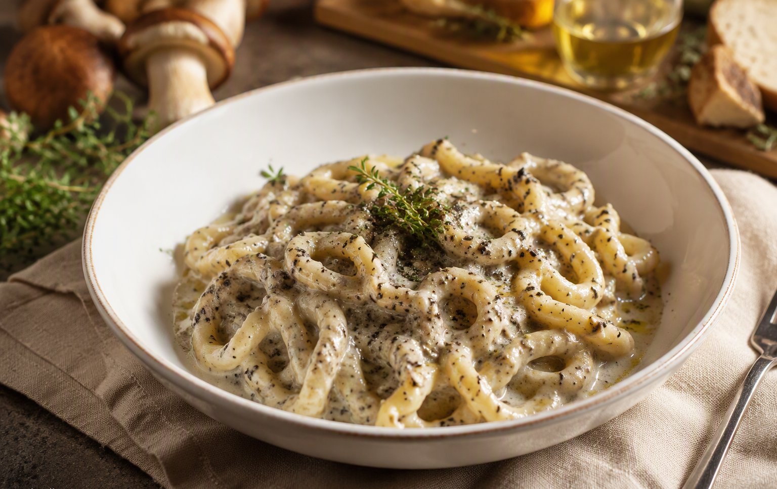 La pasta in crema di funghi porcini