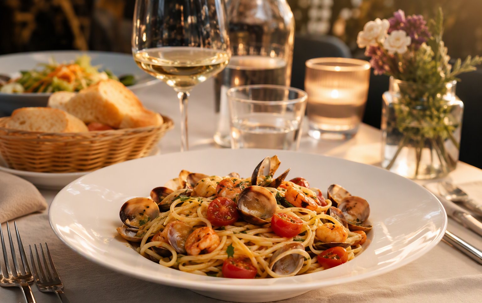 Le tagliatelle ai sapori di mare servite al tavolo